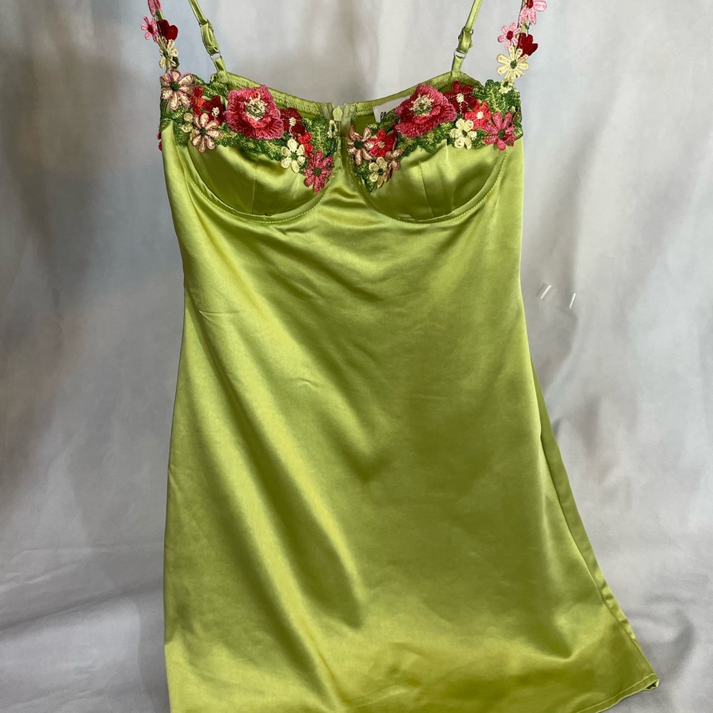 Princess Polly Olive Satin Dress with Floral Embroidery